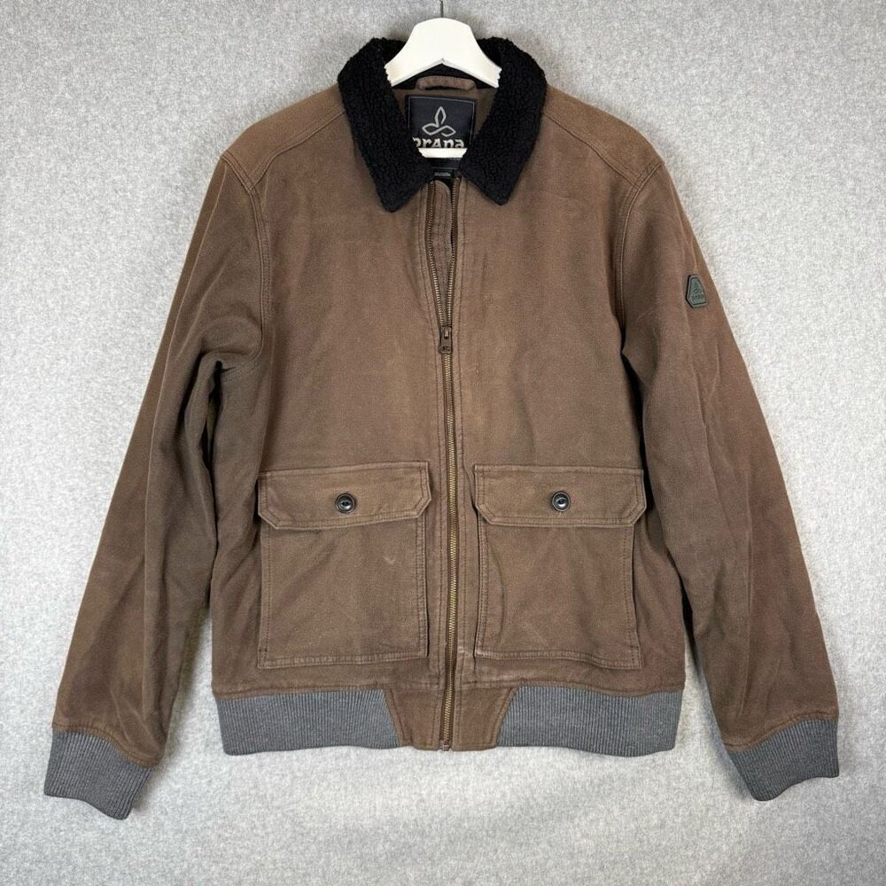 PrAna Mens Size Medium Full Zip Front Organic Cotton Bomber Jacket Brown Pockets